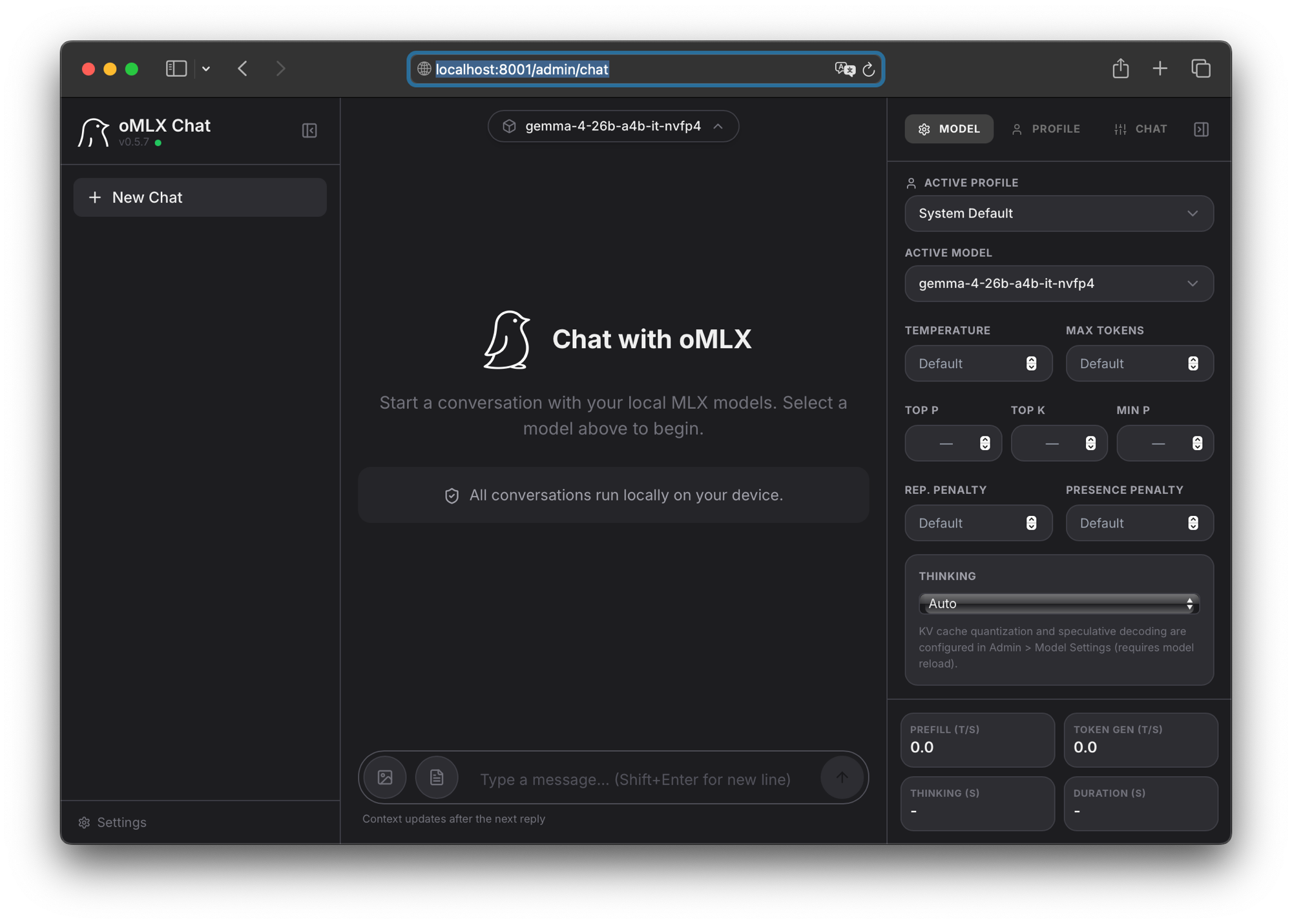 The oMLX Chat window in a browser at localhost:8001/admin/chat, showing the model picker, an empty conversation, and the model settings panel on the right.
