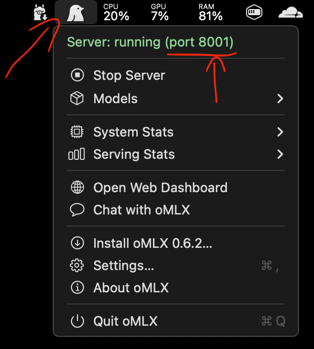 The oMLX menu bar dropdown on macOS, with the top line reading Server: running (port 8001) and a red arrow pointing at the port number.